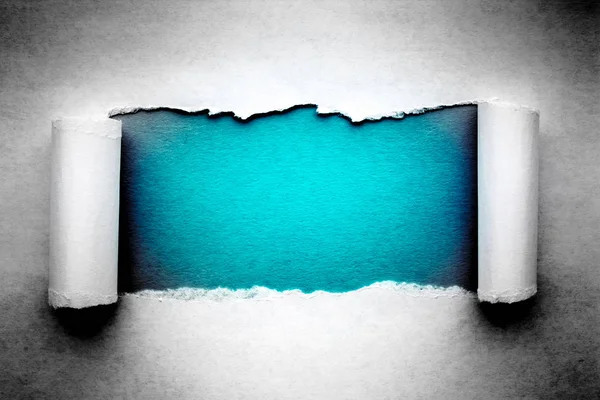 引き裂かれたエッジを持つヴィンテージ紙の穴が内側に青い紺碧の色の背景とクローズアップ. — ストック写真
