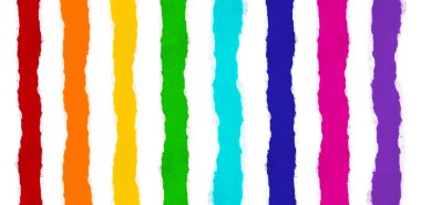 Strips of multi-colored colorful paper, all colors of the rainbow and white isolated paper with torn edges between them. Ability to cut any strip.