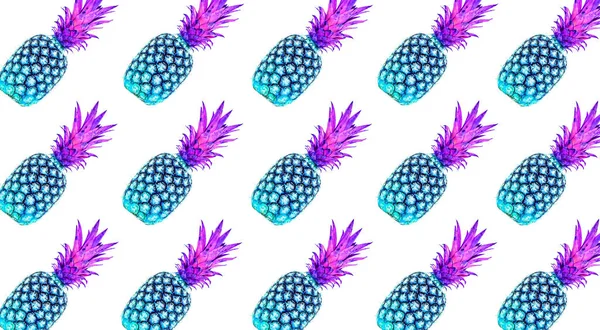 Creative background of fruit pineapples unusual blue and pink colors isolated on white. — Stock Photo, Image