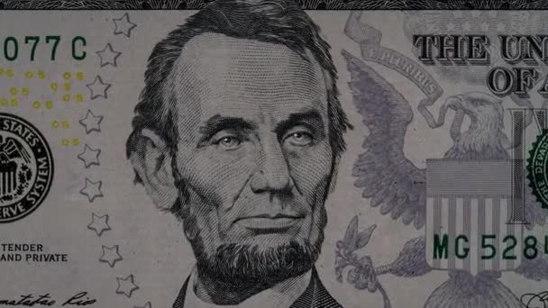 Video Creativo Los Detalles Del Billete Cinco Dólares Americanos Con — Vídeos de Stock