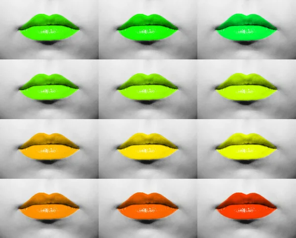 Macro Collectie Van Vrouwelijke Lippen Met Lippenstift Verschillende Groene Lichtgroene — Stockfoto