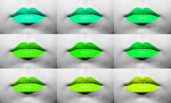 Macro Collezione Labbra Femminili Con Rossetto Diverse Tonalità Blu Menta — Foto Stock