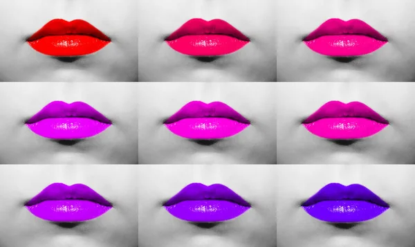 紫三种颜色的唇膏在黑白相间背景下的女唇大全 — 图库照片