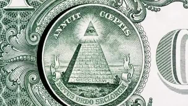 有创意的4K视差视频 详细记录了1美元钞票的细节 钞票的旋转圆圈上有金字塔 顶部有眼睛 — 图库视频影像