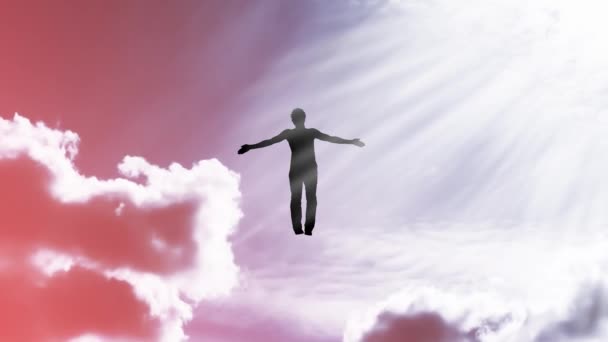 有创意的4K视频 带着天空的视差效果 带着移动的云彩和阳光 是一个张开双臂的男人的轮廓 在明亮的白光中飞翔并在其中溶解 开放精神的概念 — 图库视频影像