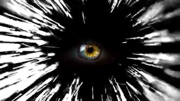 Hyper saut dans l'espace à travers les étoiles à un œil mystérieux, luisant dans l'obscurité. Saut interstellaire dans l'espace. Mouvement volant à travers les étoiles. Vitesse de la lumière. Contexte abstrait de l'espace .