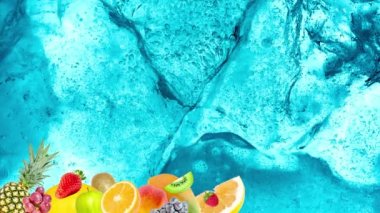 Birçok farklı tropikal parlak meyve çerçevesinin yaratıcı 4k stop motion video animasyonu çatlak mavi buz dokusunun güzel bir arka planında hızla belirip kayboluyor. Kusursuz döngü.