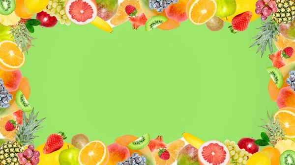 Creative Photo Many Different Exotic Tropical Bright Fruits Frame Summer Stock Picture