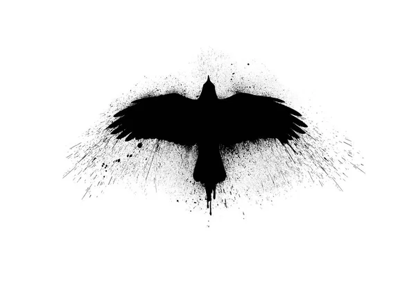 Black Silhouette Flying Raven Spread Wings Paint Splashes Splatters Blots — Stock Photo, Image