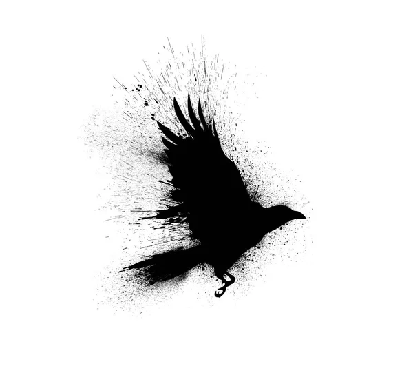 Черный Силуэт Летящего Ворона Расправленными Крыльями Брызгами Краски Брызгами Пятнами — стоковое фото
