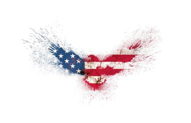 Usa grunge bayrağı, beyaz arka planda izole edilmiş boya lekeleri olan kanatları açık uçan kartal silueti şeklinde. Amerikan bayrağı, boyalı kanatları açık uçan kartal silueti şeklinde..