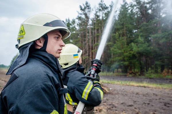 Firefighters trained to extinguish a burning forest — Stock Photo, Image
