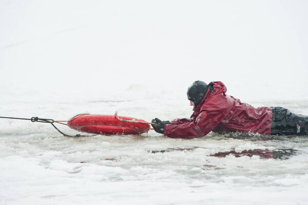 January 18, 2018. Kyiv, Ukraine. Rescuers of the State Emergency Service of Ukraine are trained to save people who have fallen under the ice.