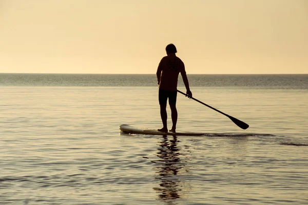 Sup sziluettje sportos férfi lapát beszállás naplemente 18 — Stock Fotó