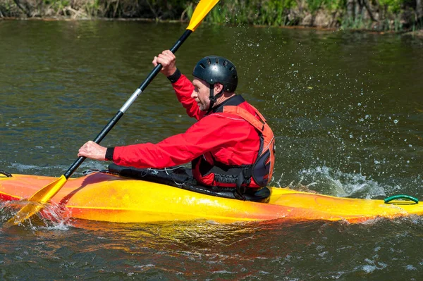 Man Helmet Kayak Rowing Oars While Descending Mountain River Yellow — Stock Photo, Image