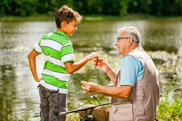 Grandfather Grandson Fishing Sunny Day — Stock Photo, Image