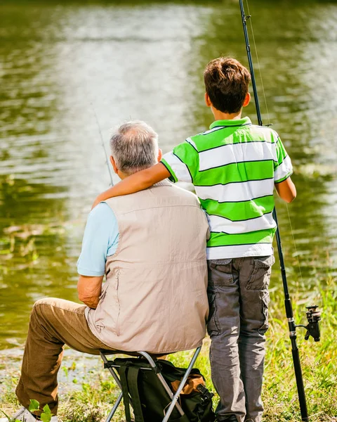 Grandfather Grandson Fishing Sunny Day — Stock Photo, Image