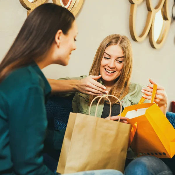 Duas Mulheres Felizes Estão Sentadas Café Depois Fazer Compras — Fotografia de Stock