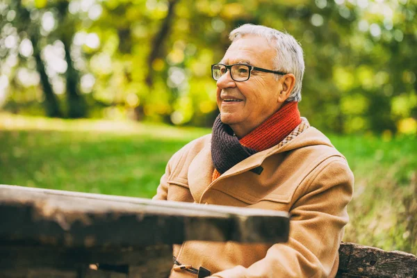 Glücklicher Senior Sitzt Park Und Genießt Die Natur — Stockfoto