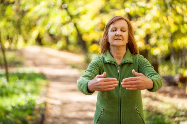  Kıdemli kadın parkta Tai Chi egzersizi yapıyor..