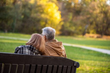 Romantik son sınıf çifti parkta bankta oturuyor ve sonbaharın tadını çıkarıyor..