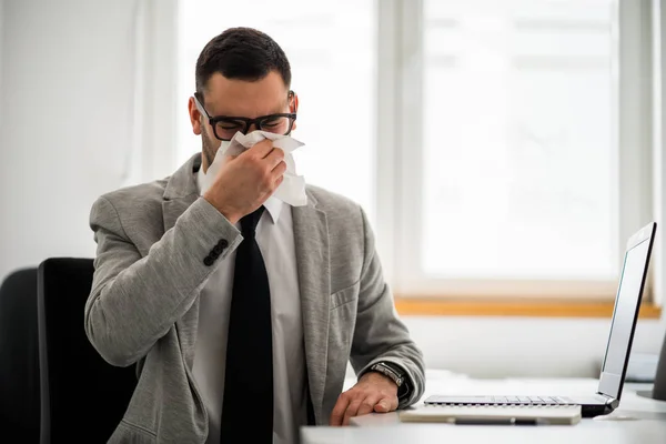 Young Businessman Working Office Having Cold — Stock Photo, Image