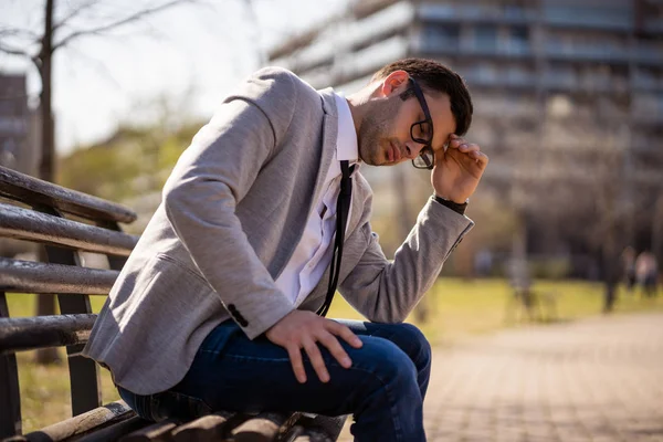 Young Tired Businessman Resting Park Work — Stock Photo, Image