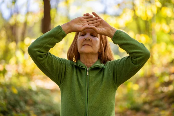 Mulher Sênior Está Praticando Exercício Tai Chi Parque — Fotografia de Stock