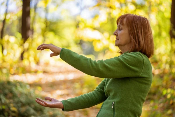 Kıdemli kadın parkta Tai Chi egzersizi yapıyor..