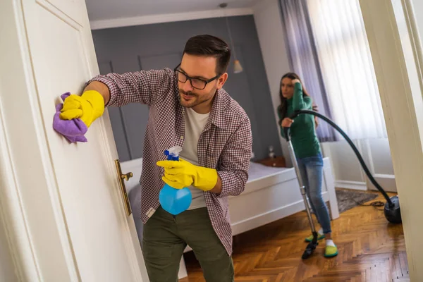 Young Couple Cleaning Apartment Woman Tired — 스톡 사진