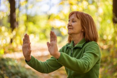 Kıdemli kadın parkta Tai Chi egzersizi yapıyor..