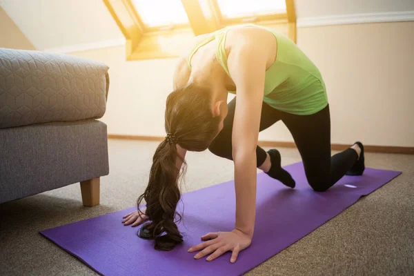 Ung Kvinna Utövar Yoga Hemma Vyaghrasana Tiger Pose — Stockfoto