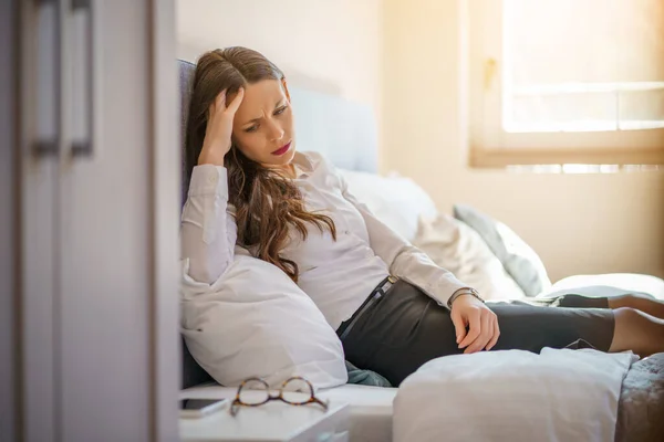 Tired Depressed Businesswoman Lying Bed Hotel — Stock Photo, Image
