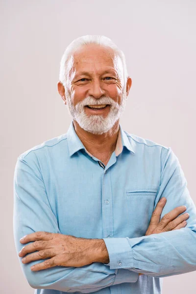 Portrait Cheerful Senior Man Who Looking Camera Smiling — Stock Photo, Image