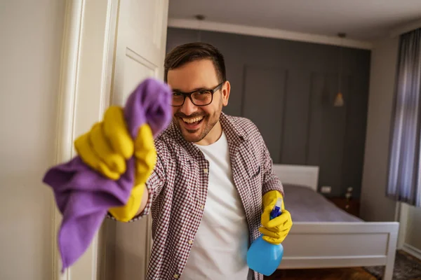 Young Man Obsessively Cleaning Apartment — 스톡 사진