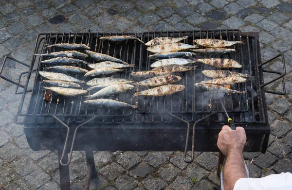 Typowe Portugalskie Grillowane Sardynki Gotowane Gorących Węglach — Zdjęcie stockowe