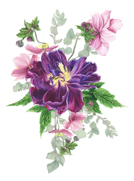 Blumenstrauß Tulpe Anemone Und Eukalyptus Aquarellmalerei — Stockfoto