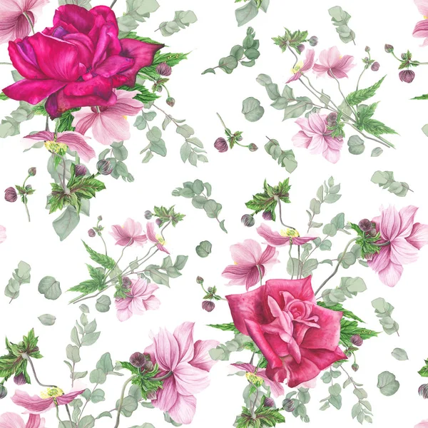 Blumenmuster Rose Anemone Und Eukalyptus Aquarellmalerei — Stockfoto