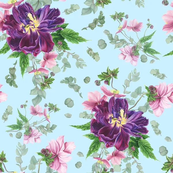 Blumenmuster Tulpe Anemone Und Eukalyptus Aquarellmalerei — Stockfoto