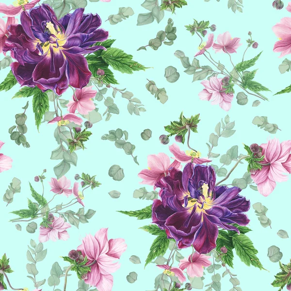 Blumenmuster Tulpe Anemone Und Eukalyptus Aquarellmalerei — Stockfoto