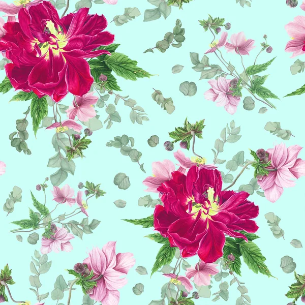 Цветы Тюльпан Анемон Эвкалипт Акварель — стоковое фото