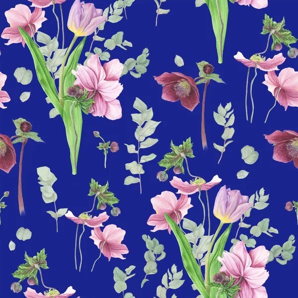 Muster Mit Blüten Tulpe Anemone Eukalyptus Und Hellegras Aquarellmalerei — Stockfoto