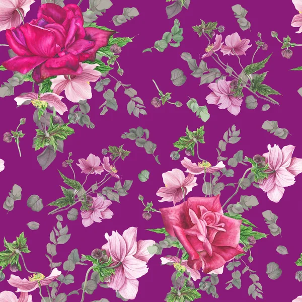 Mönster Blommor Rose Anemone Och Eukalyptus Akvarell Målning — Stockfoto