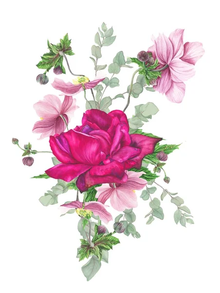 Blumenstrauß Rose Anemone Und Eukalyptus Aquarellmalerei — Stockfoto
