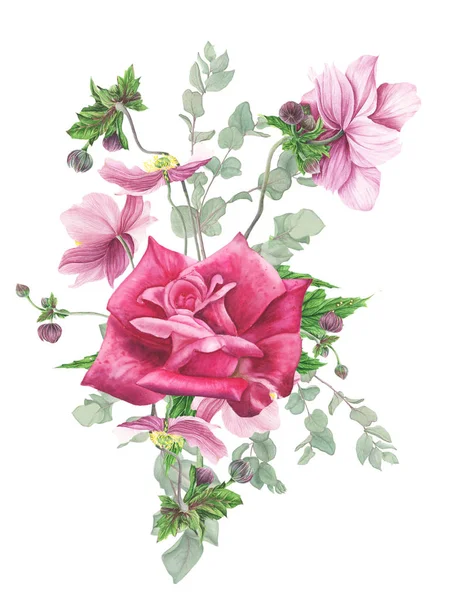 Blumenstrauß Rose Anemone Und Eukalyptus Aquarellmalerei — Stockfoto