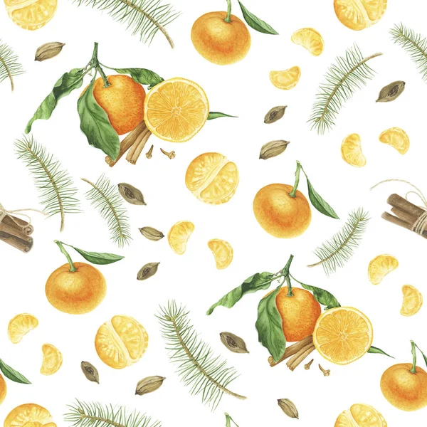 Patrón Con Mandarina Naranja Especias Ramas Árbol Acuarela Pintura —  Fotos de Stock