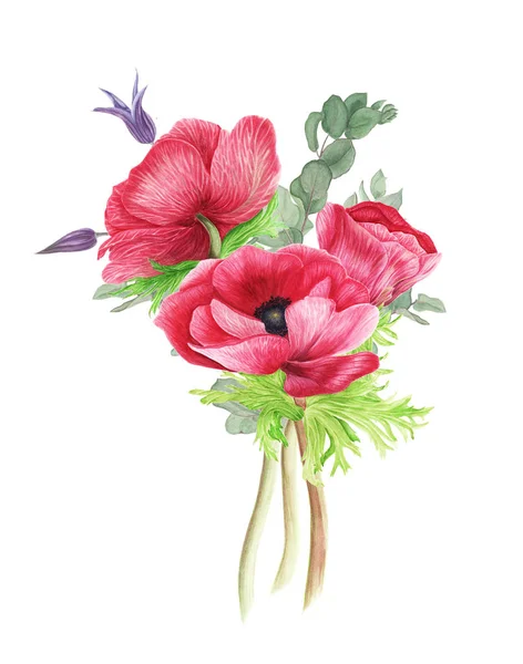 Bukett Blu Och Rosa Blommor Anemoner Klematis Och Grenar Eukalyptus — Stockfoto