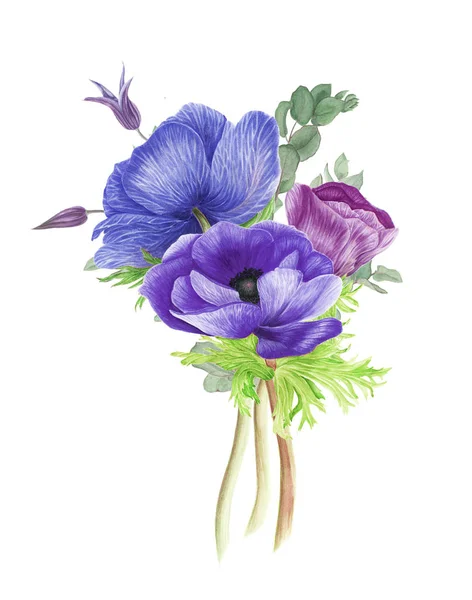 Blumenstrauß Aus Blu Lila Und Rosa Blüten Anemonen Und Clematis — Stockfoto