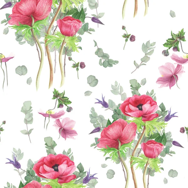 Muster Mit Rosa Anemonen Clematis Und Eukalyptuszweigen Aquarellmalerei Botanische Illustration — Stockfoto