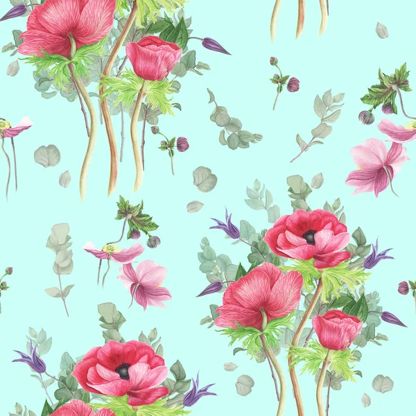 Modello Con Anemoni Rosa Clematide Rami Eucalipto Pittura Acquerello Illustrazione — Foto Stock